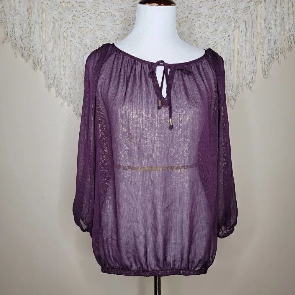 Cache Metallic Cold Shoulder Blouse Purple Gold Size Medium - Picture 16 of 16